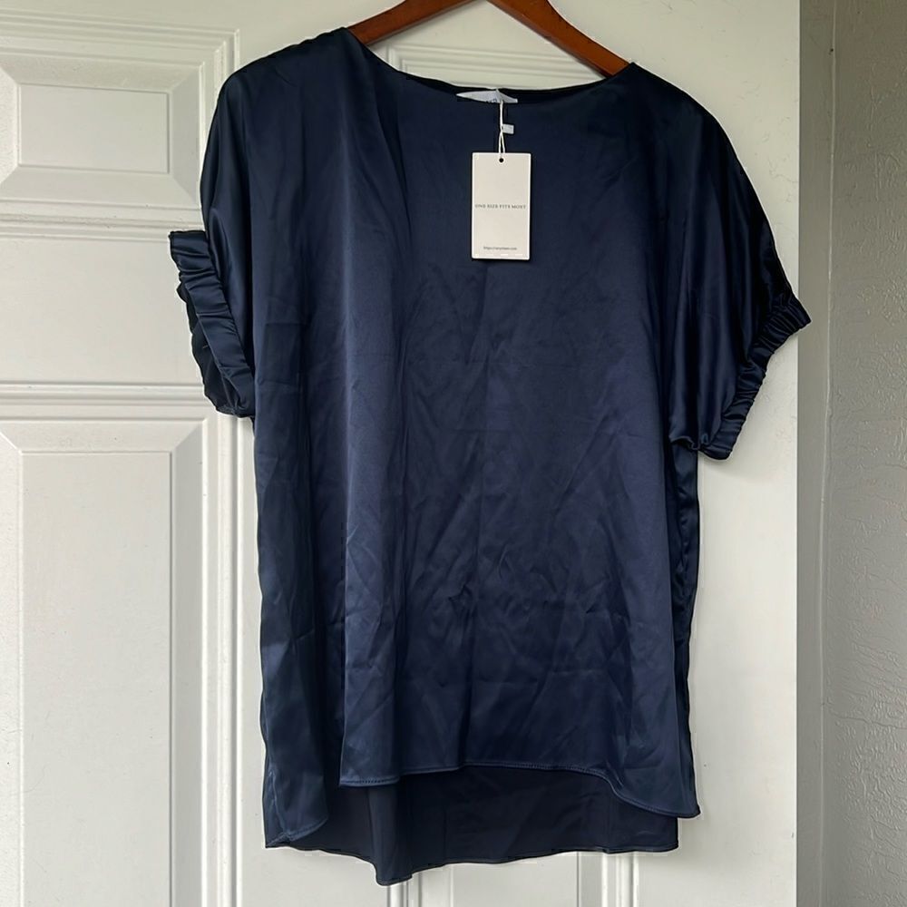 Relaxed body. Longer in back. One Size Fits MOST Shirt - Silk Navy Shirt - NWT